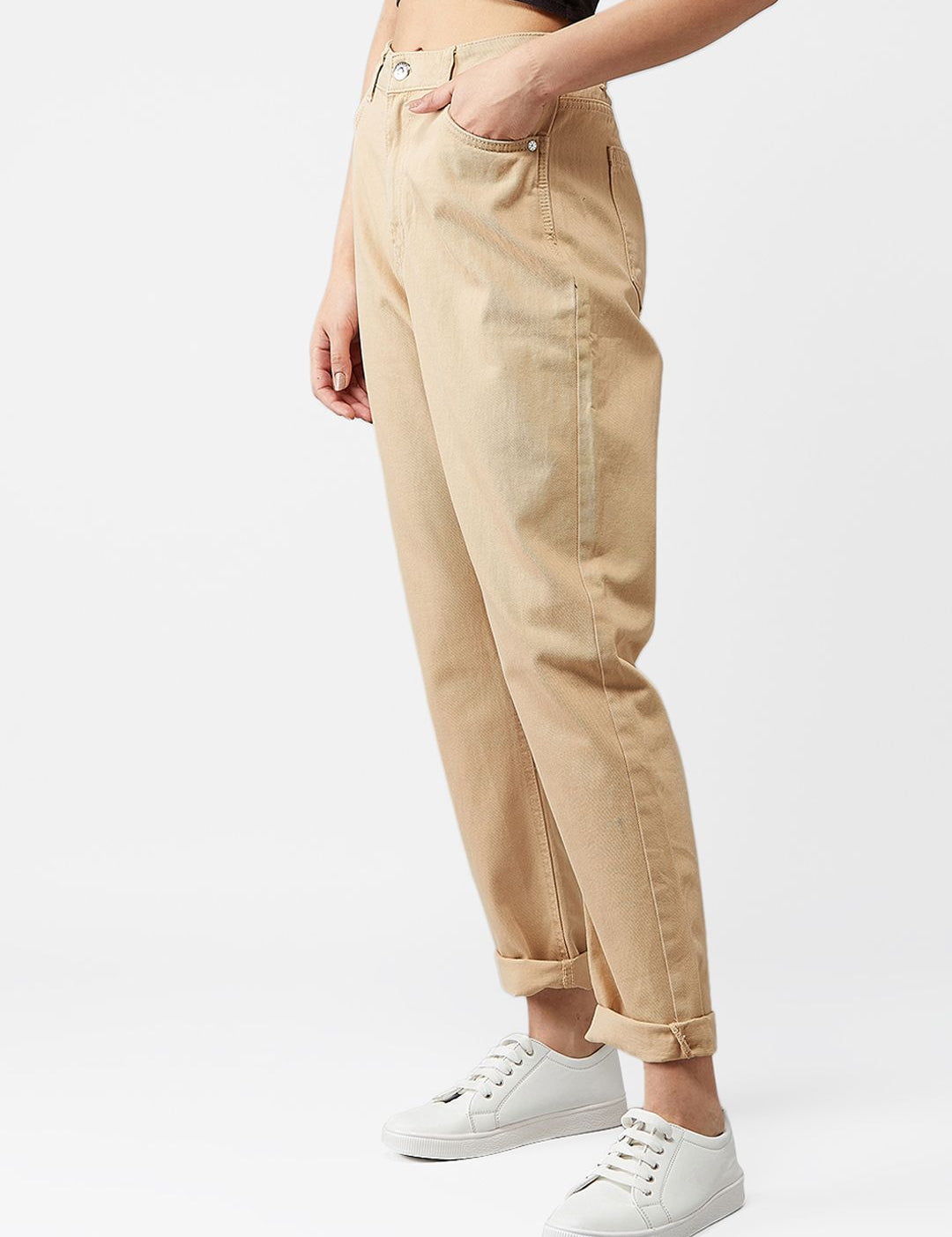 Kotty Women Beige Boyfriend Fit High-Rise Clean Look Jeans
