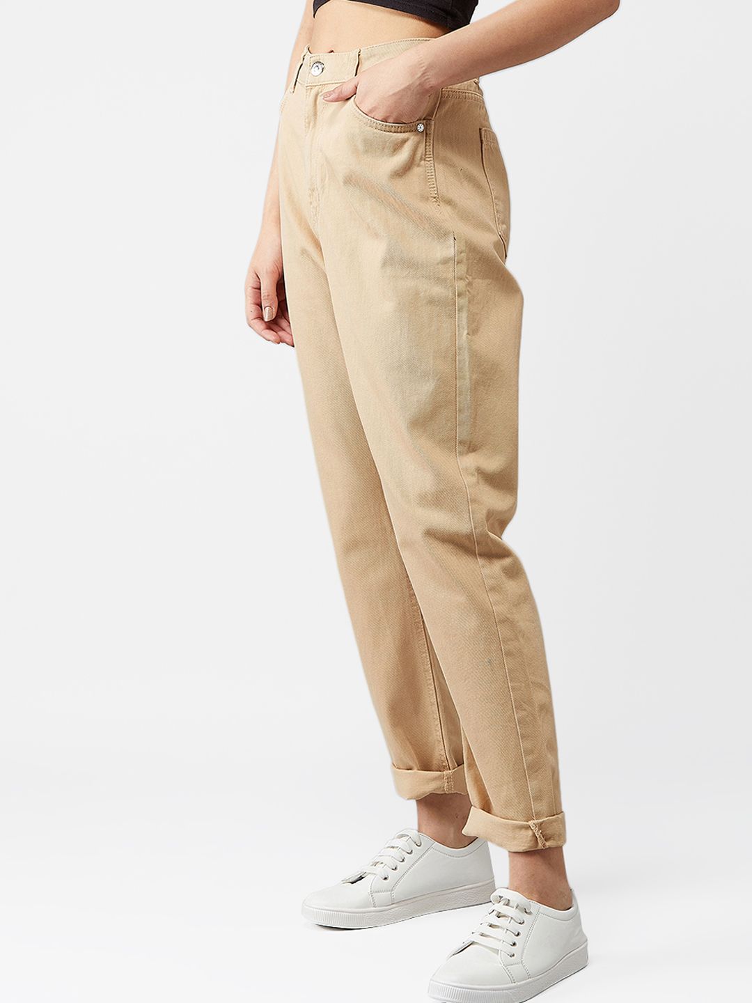 Kotty Women Beige Boyfriend Fit High-Rise Clean Look Jeans