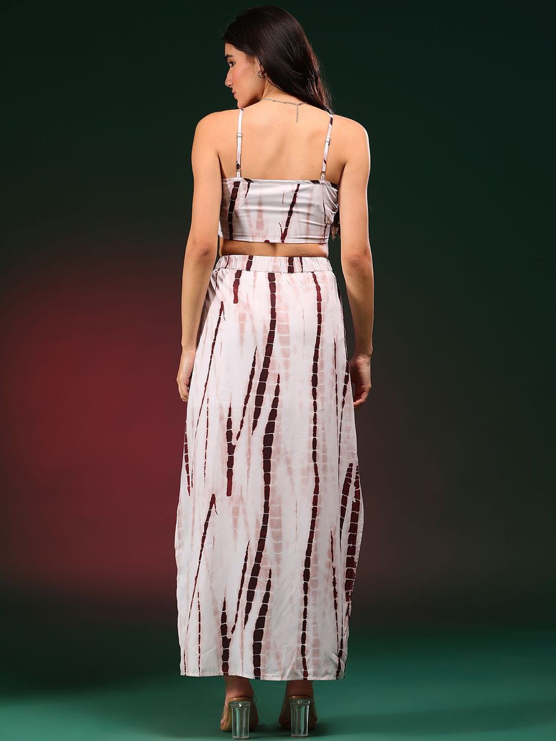 Kotty Beige Tie & Dye Shoulder Straps Top With Skirt