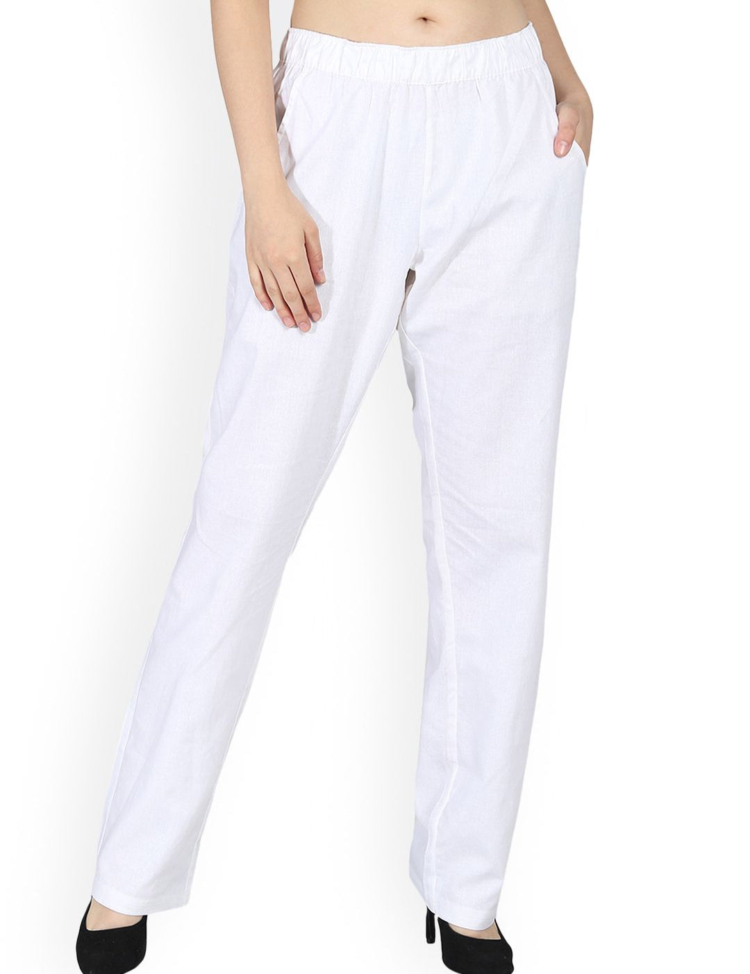 Kotty Women White Regular Fit Solid Linen Regular Trousers