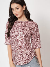 Kotty Round Neck Animal Printed Cuffed Sleeves Top