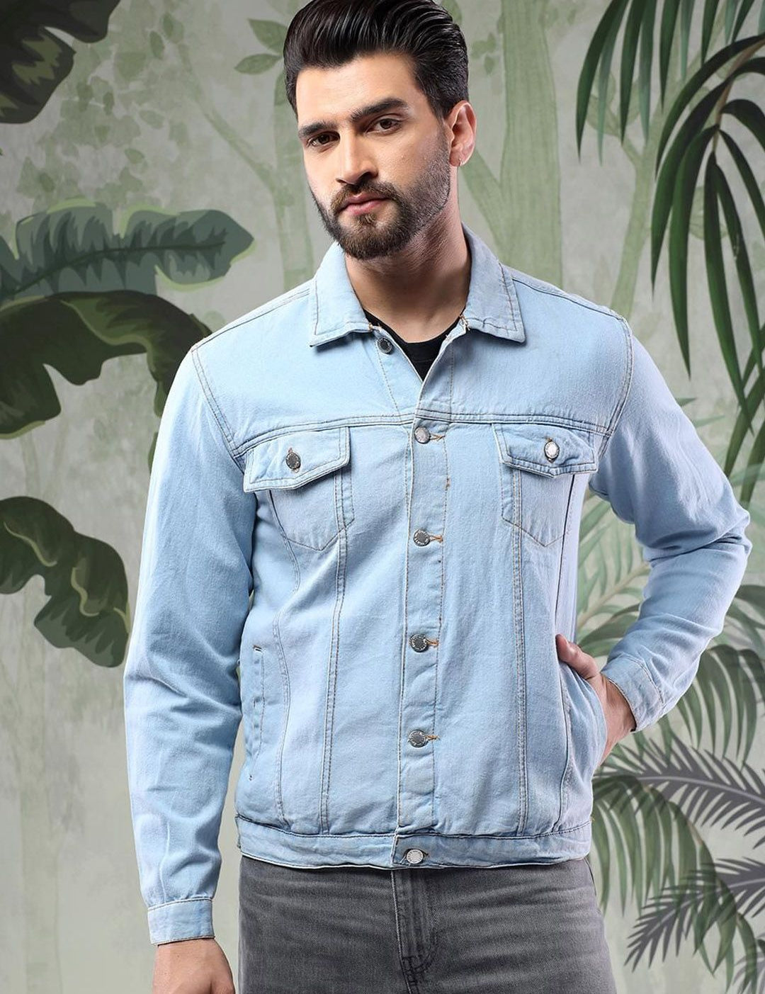 Kotty Men Solid Spread Collar Insulator Pure Cotton Denim Jacket