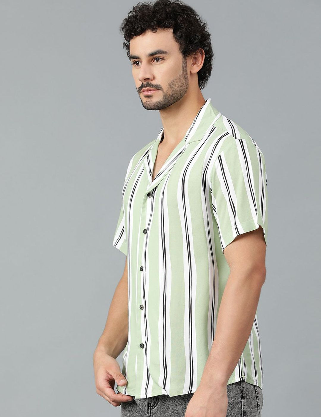 Kotty Men Cuban Collar Striped Casual Shirt