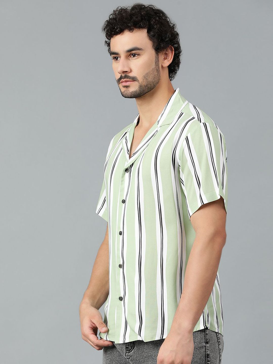 Kotty Men Cuban Collar Striped Casual Shirt