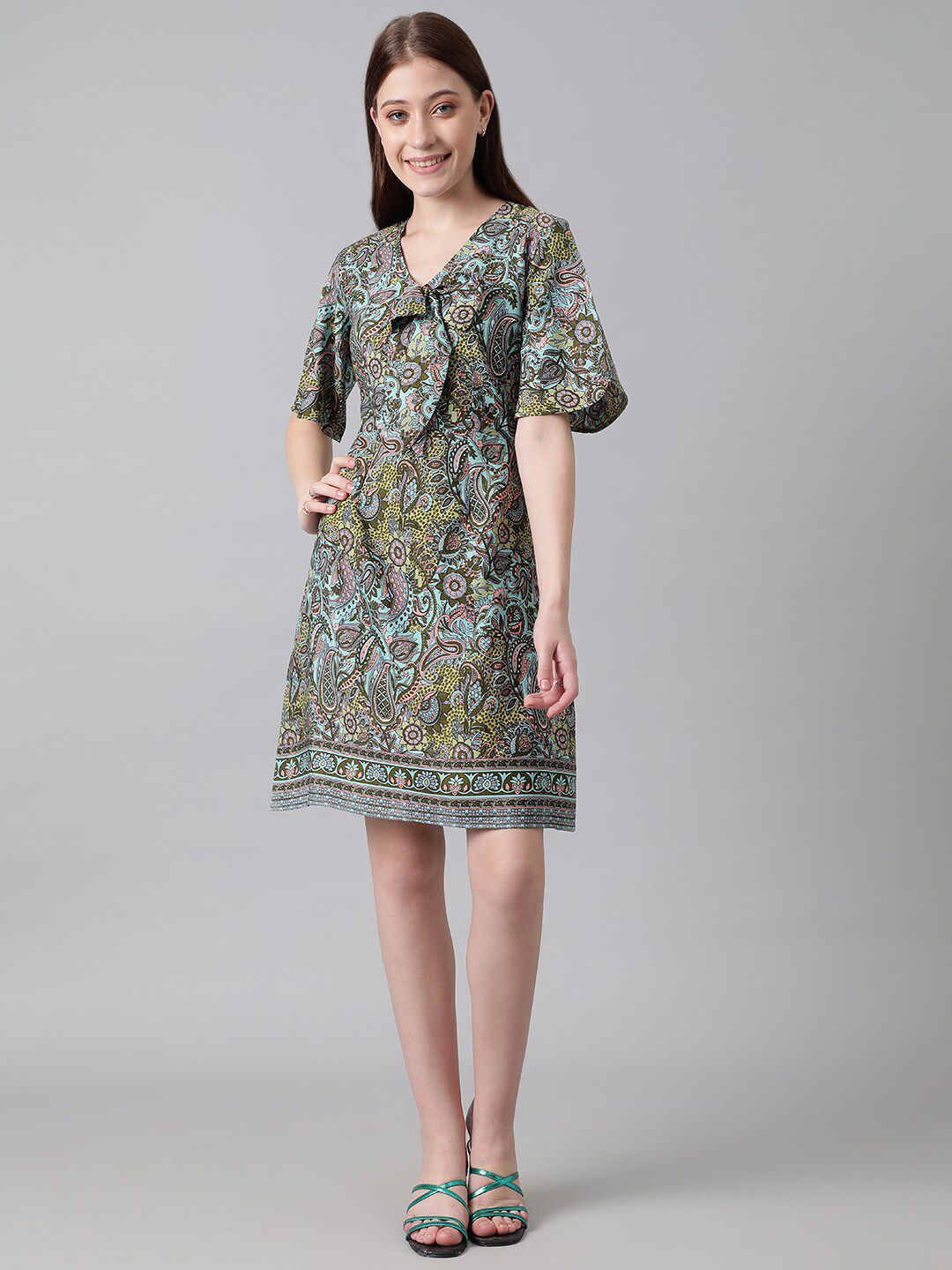 Kotty Blue & Green Ethnic Motifs Printed Tie-Up Neck Flared Sleeves A-Line Dress