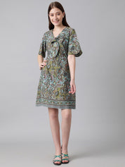 Kotty Blue & Green Ethnic Motifs Printed Tie-Up Neck Flared Sleeves A-Line Dress