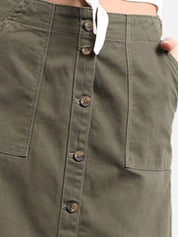 Kotty Women Olive Green Solid Denim Midi A-Line Skirt