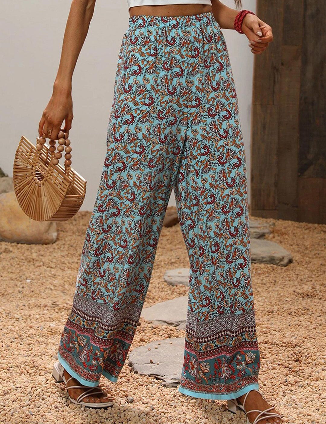 Kotty Women Blue Ethnic Motifs Printed Relaxed Straight Fit High-Rise Easy Wash Trousers