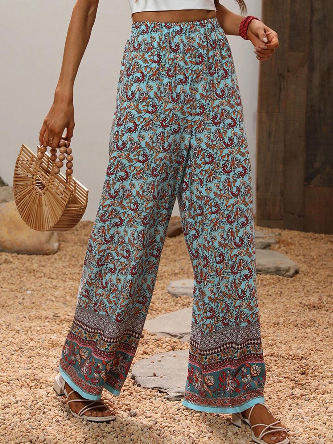 Kotty Women Blue Ethnic Motifs Printed Relaxed Straight Fit High-Rise Easy Wash Trousers