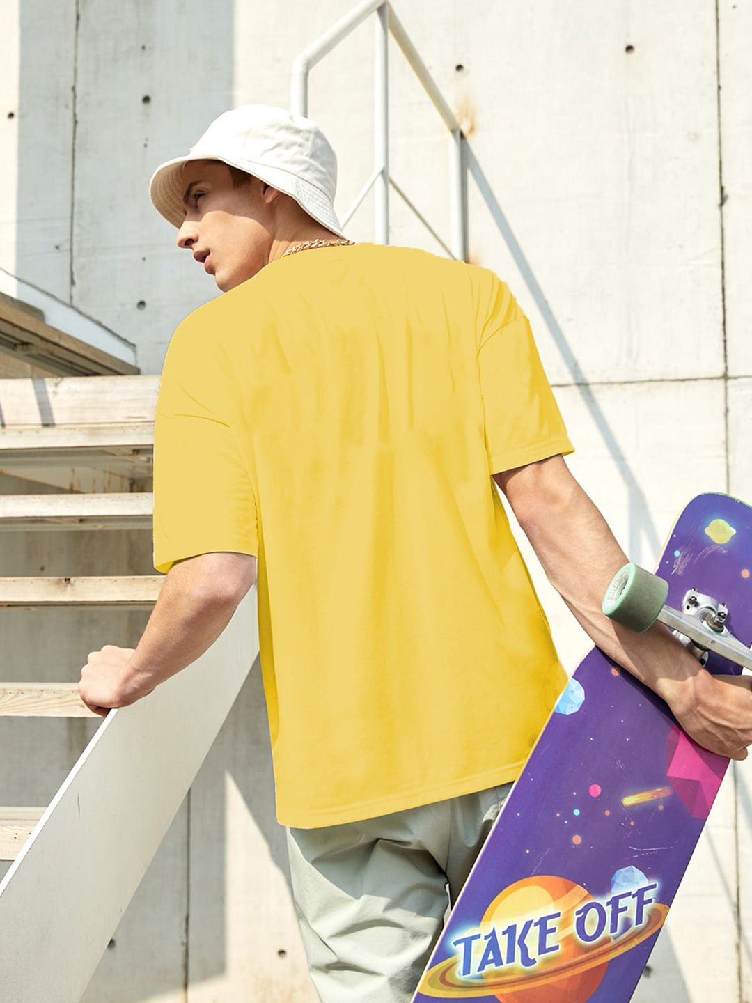 Kotty Yellow Drop-Shoulder Sleeves Oversized Cotton Casual T-Shirt