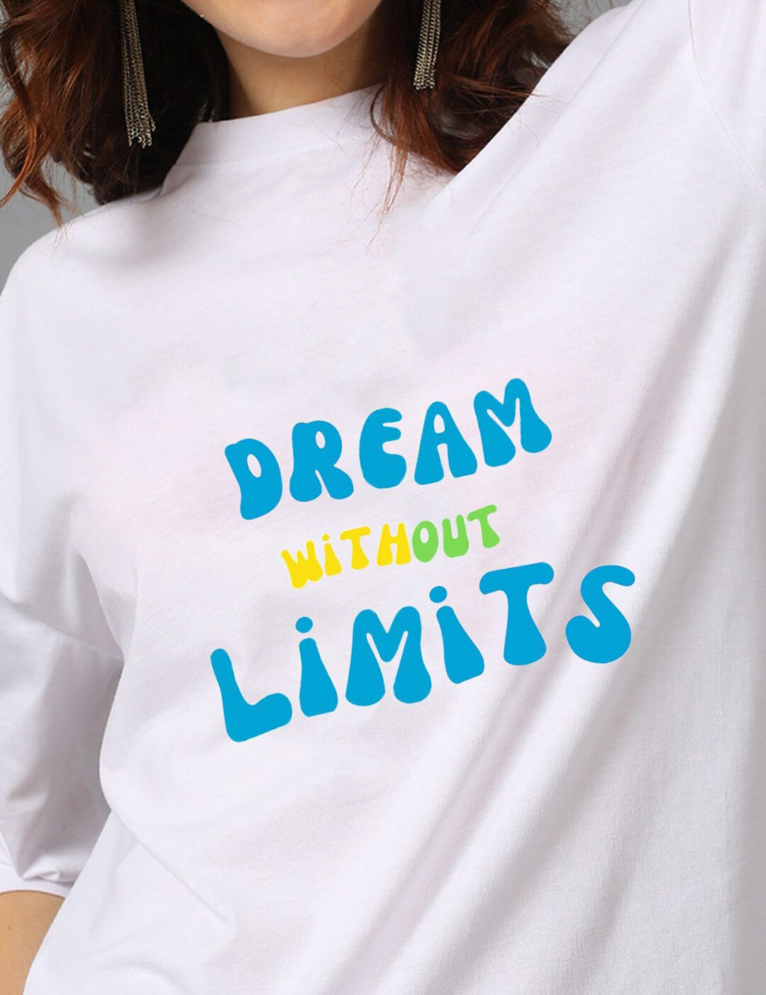 Kotty White Typography Printed Drop-Shoulder Sleeves Oversized T-shirt