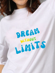 Kotty White Typography Printed Drop-Shoulder Sleeves Oversized T-shirt