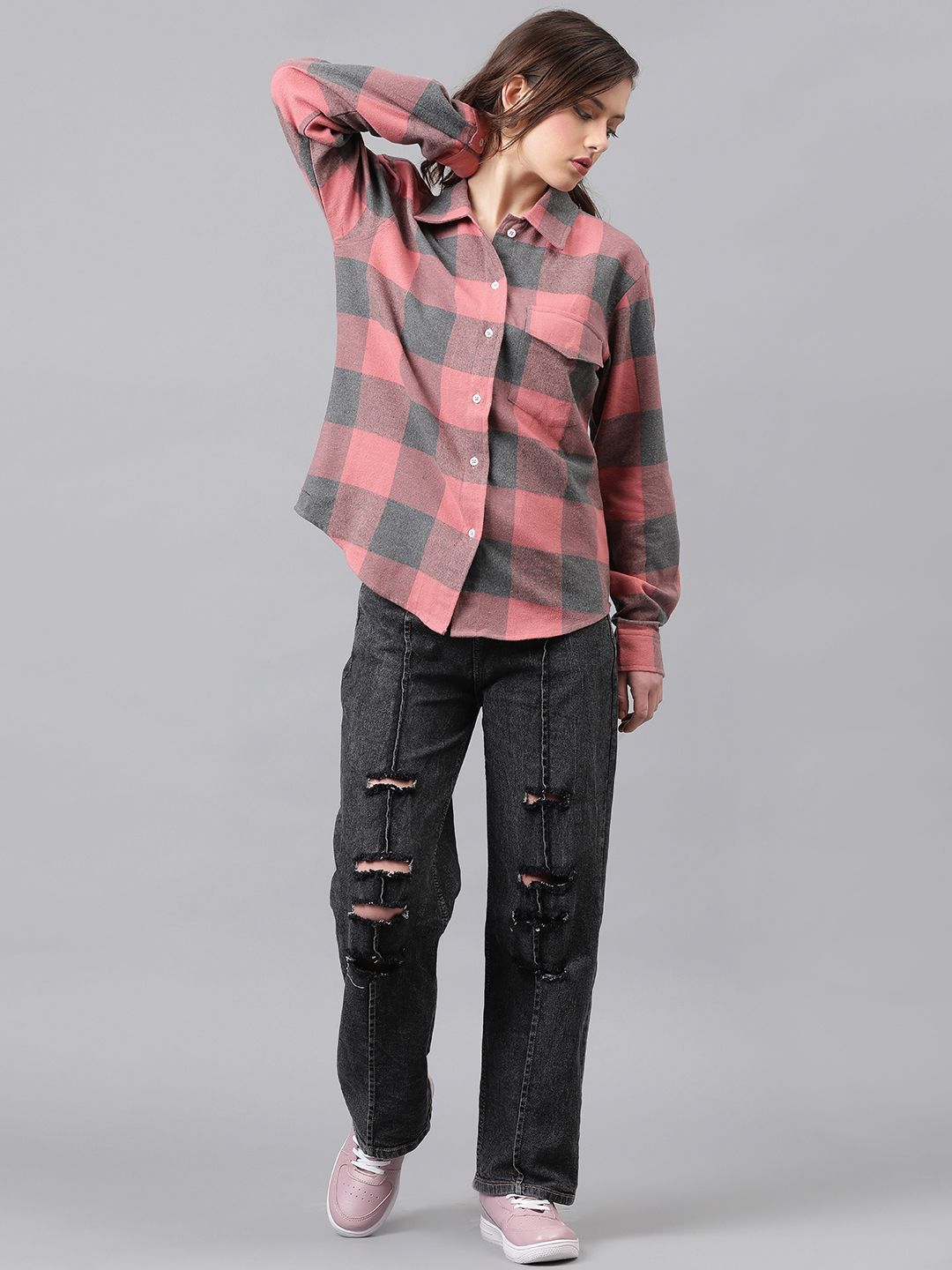 Kotty Buffalo Checks Spread Collar Longline Casual Shirt