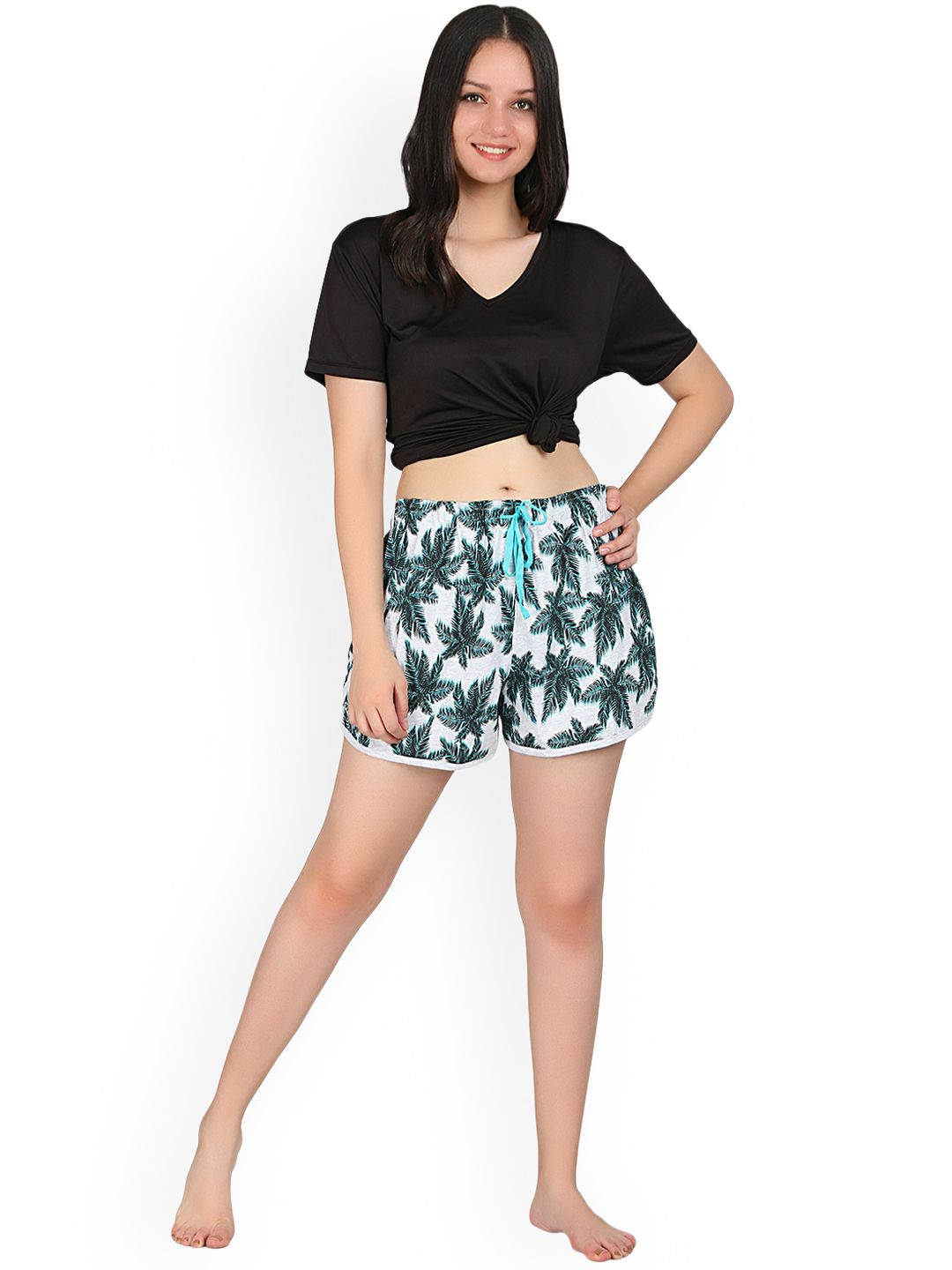 Kotty Women White & Blue Printed Lounge Shorts KTTSLEEPSHORTS231