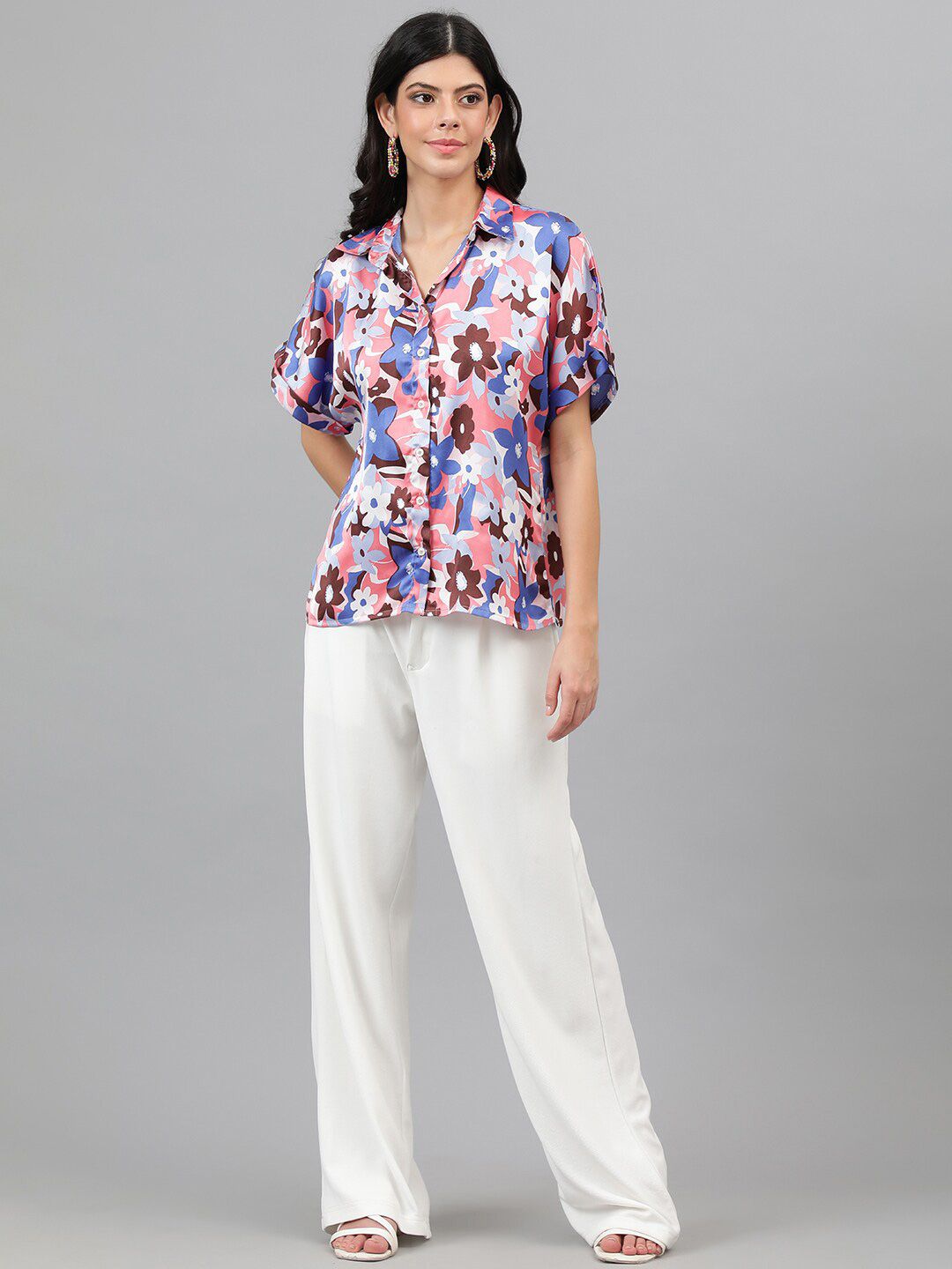 Kotty Pink & Blue Modern Floral Printed Extended Sleeves Satin Casual Shirt