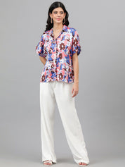 Kotty Pink & Blue Modern Floral Printed Extended Sleeves Satin Casual Shirt