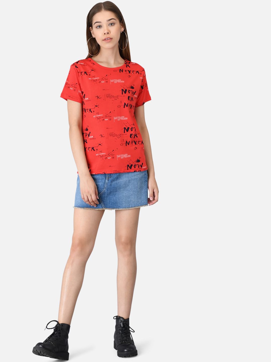 Kotty Women Red & Black Printed Round Neck T-shirt