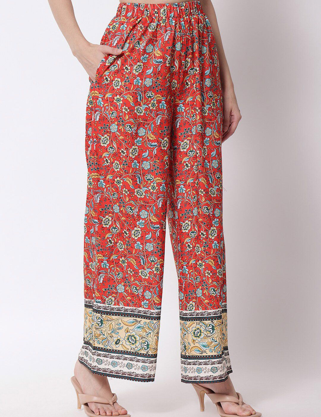 Kotty Women Red Ethnic Motifs Printed Relaxed Flared High-Rise Easy Wash Trousers