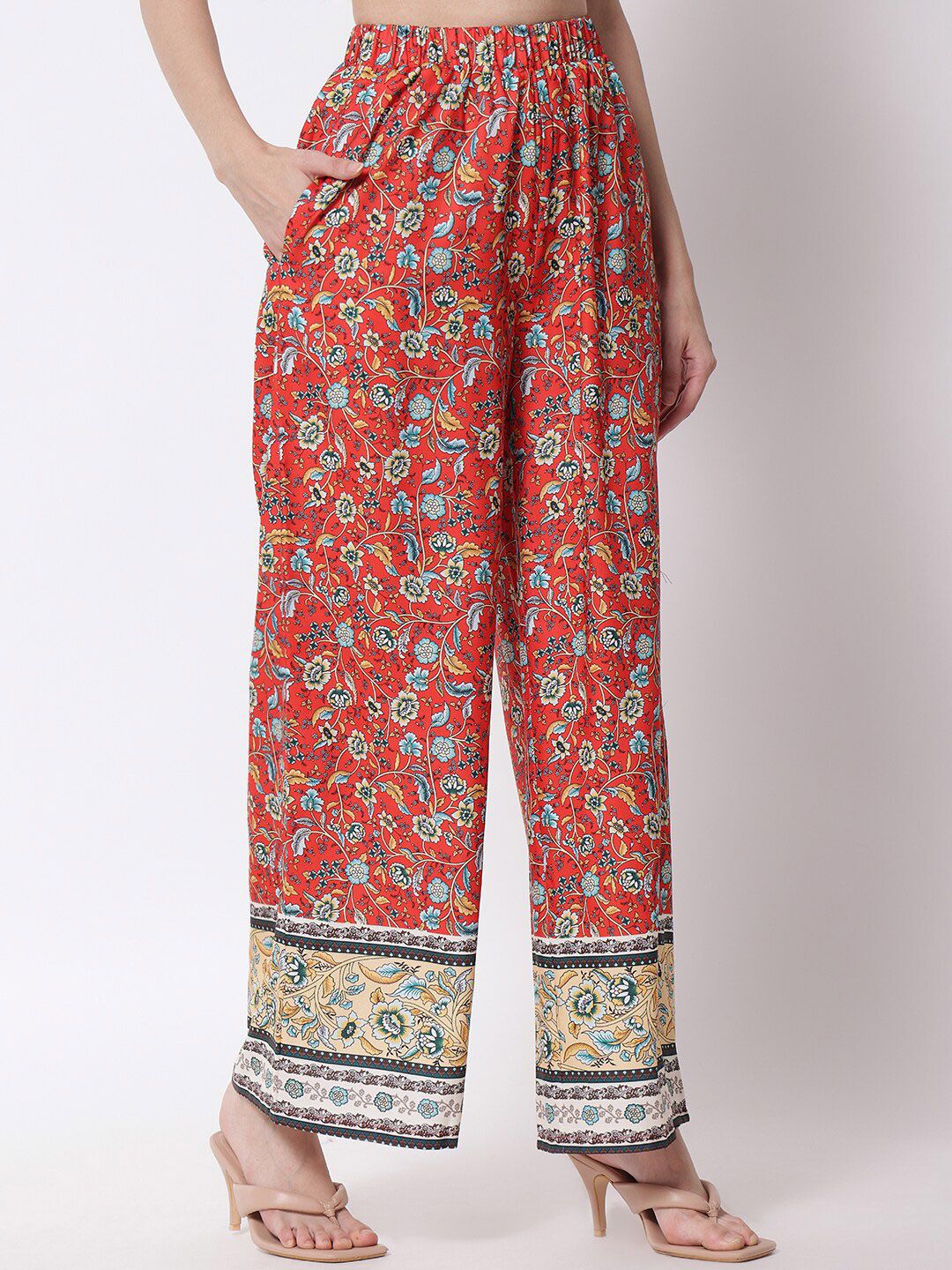 Kotty Women Red Ethnic Motifs Printed Relaxed Flared High-Rise Easy Wash Trousers