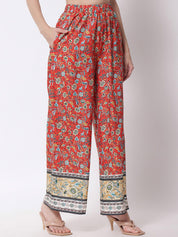 Kotty Women Red Ethnic Motifs Printed Relaxed Flared High-Rise Easy Wash Trousers