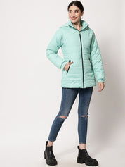 Kotty Women Sea Green Solid Hooded Puffer Jacket