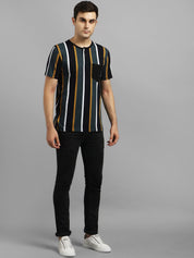 Kotty Men Grey & Black Striped Round Neck T-shirt