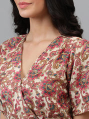 Kotty Brown & Cream Ethnic Motifs Printed Dress