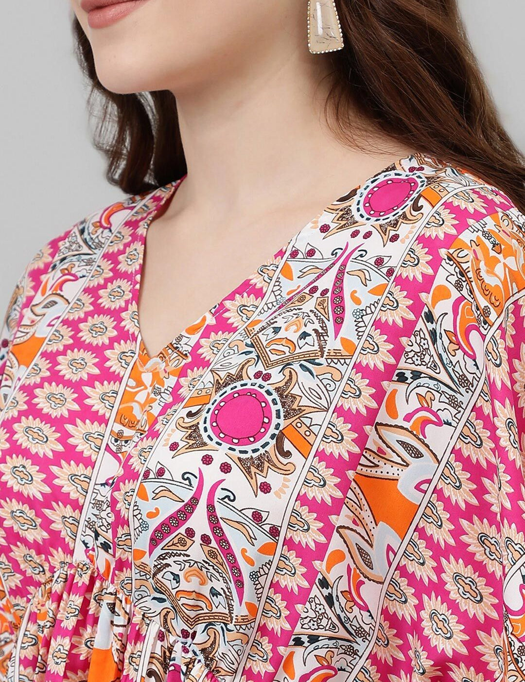 Kotty Pink & White Ethnic Motifs Printed Flared Sleeves Empire Mini Dress