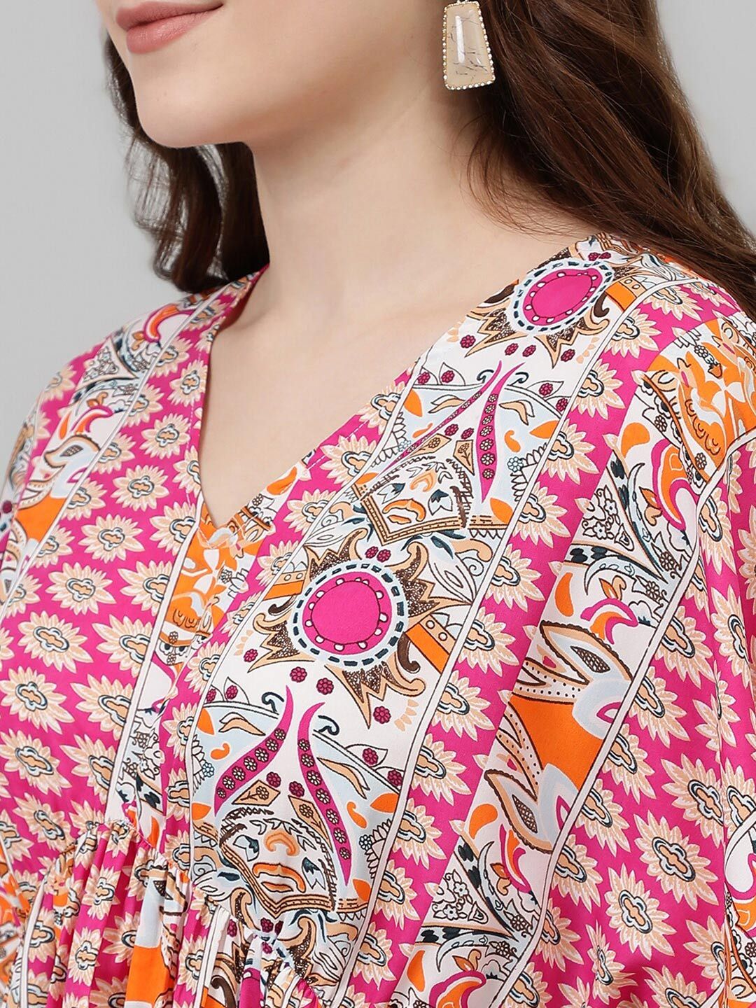 Kotty Pink & White Ethnic Motifs Printed Flared Sleeves Empire Mini Dress