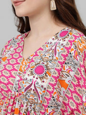 Kotty Pink & White Ethnic Motifs Printed Flared Sleeves Empire Mini Dress