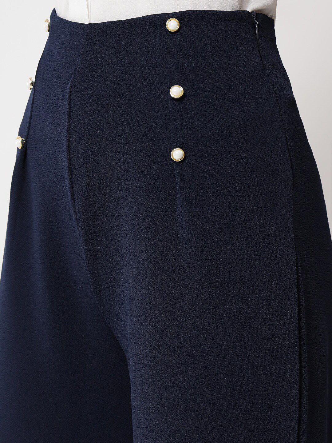 Kotty Women Navy Blue Relaxed Straight Fit High-Rise Easy Wash Trousers