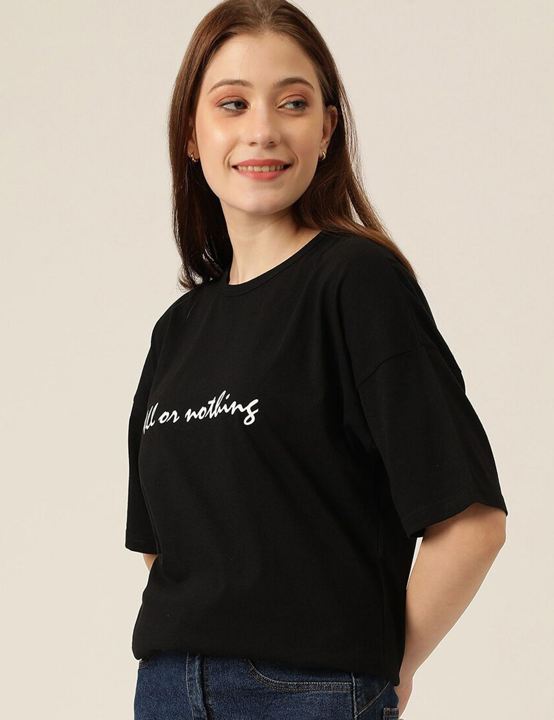 Kotty Typography Printed Drop-Shoulder Sleeves Oversized T-shirt