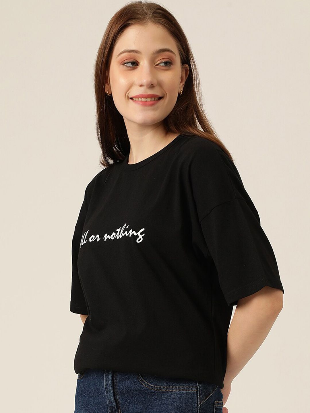 Kotty Typography Printed Drop-Shoulder Sleeves Oversized T-shirt