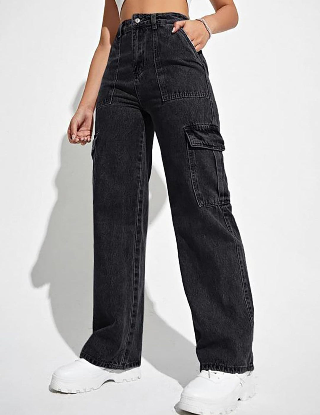 Kotty Women Jean Straight Fit High-Rise Stretchable Cargo Jeans