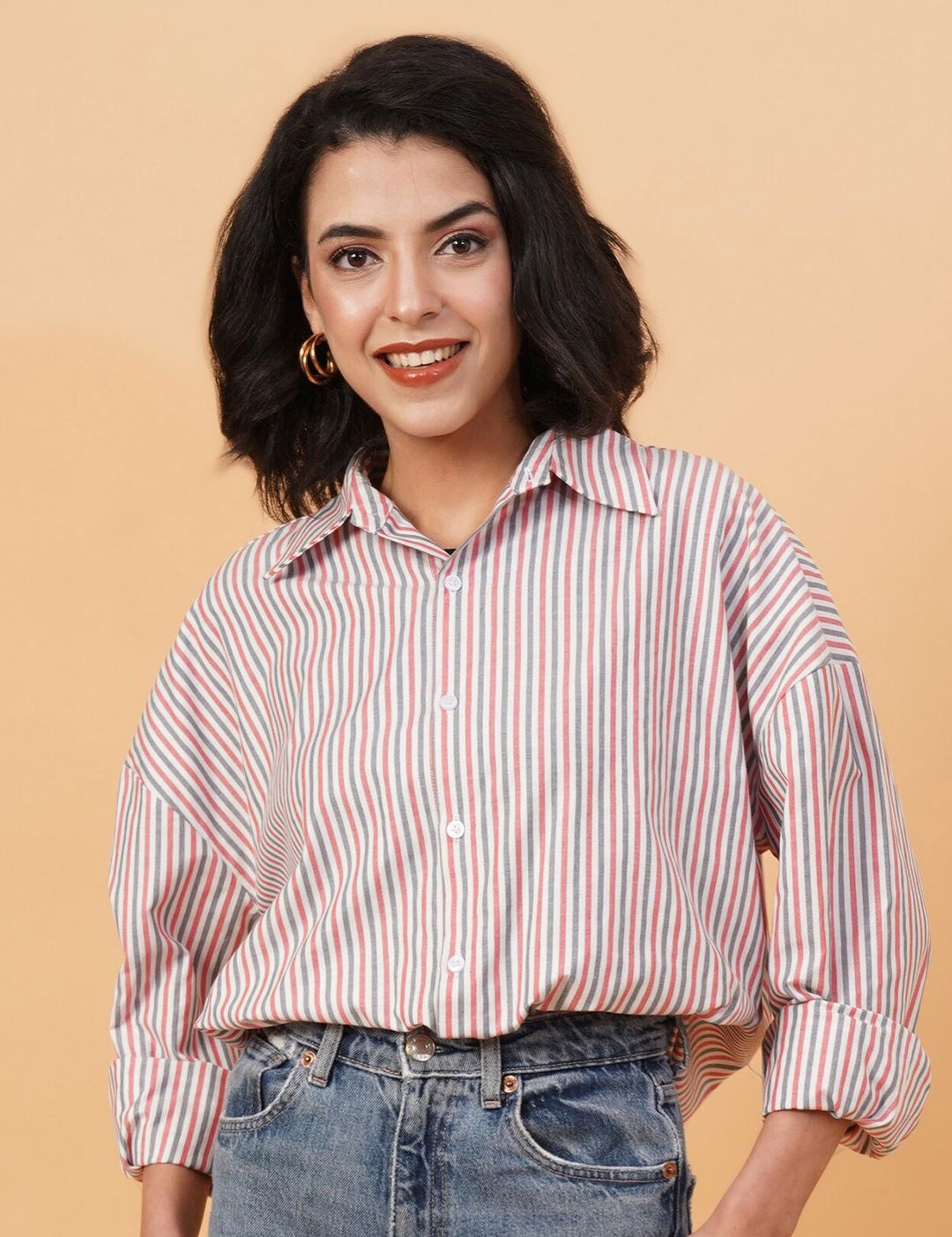 Kotty Vertical Stripes Drop-Shoulder Sleeves Longline Casual Shirt