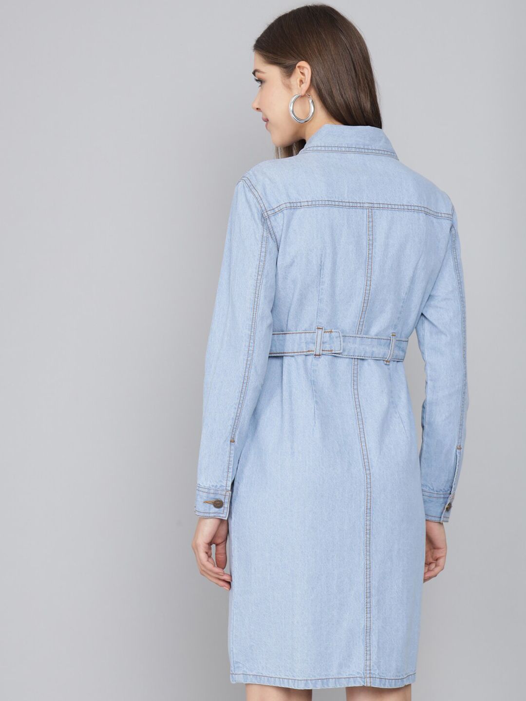 Kotty Women Blue Belted Pure Cotton Denim Shirt Dress