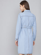Kotty Women Blue Belted Pure Cotton Denim Shirt Dress