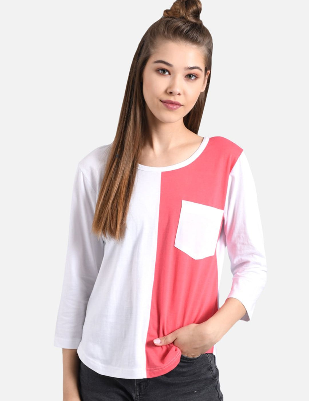 Kotty Women White & Red Colourblocked Round Neck T-shirt
