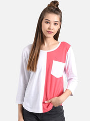 Kotty Women White & Red Colourblocked Round Neck T-shirt