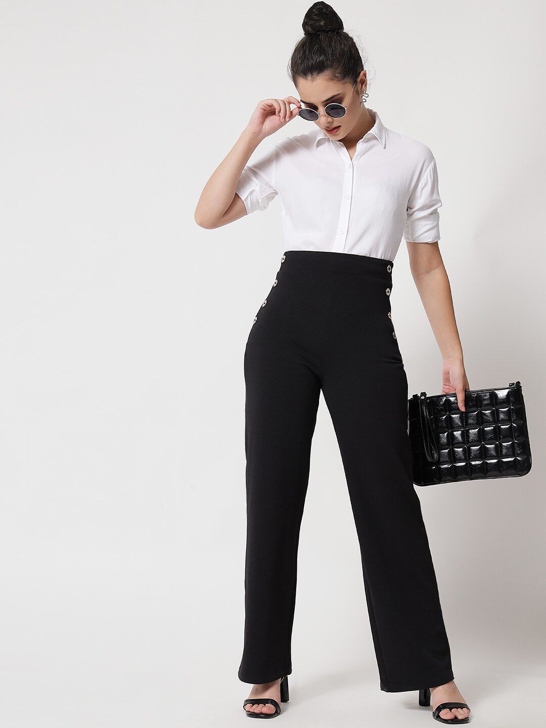 Kotty Women Black Relaxed Straight Fit High-Rise Easy Wash Trousers