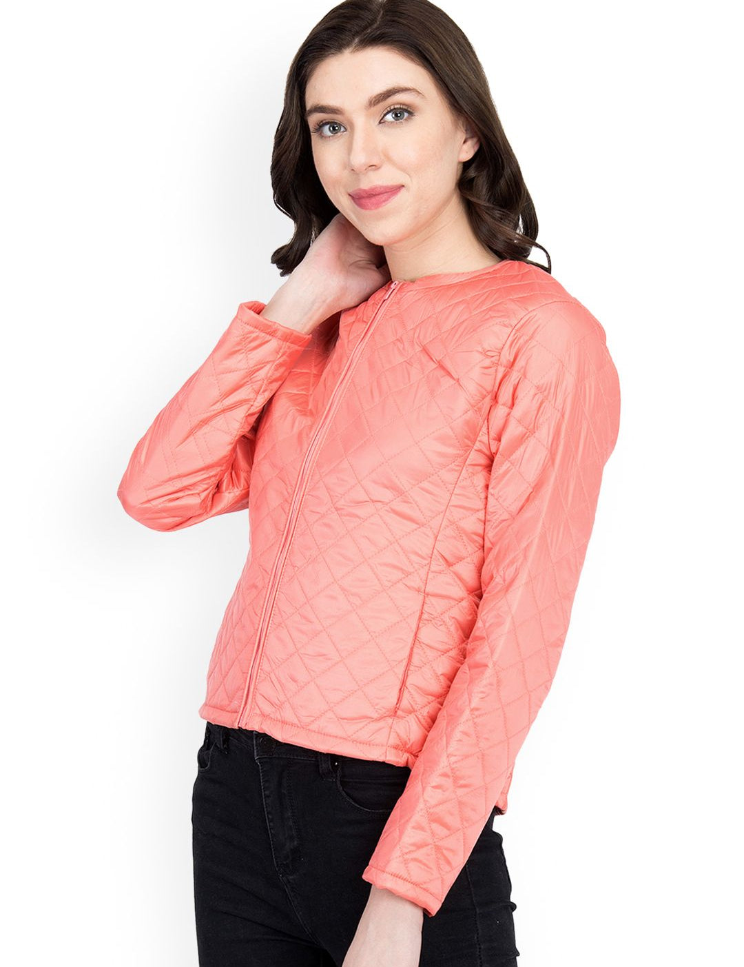 Kotty Women Pink Self Design Quilted Jacket