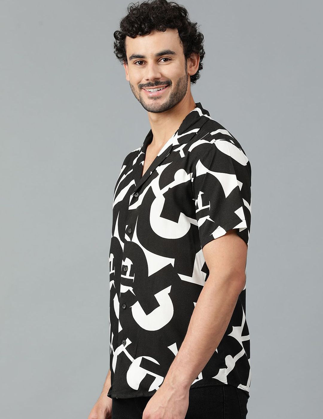 Kotty Men Cuban Collar Abstract Printed Casual Shirt