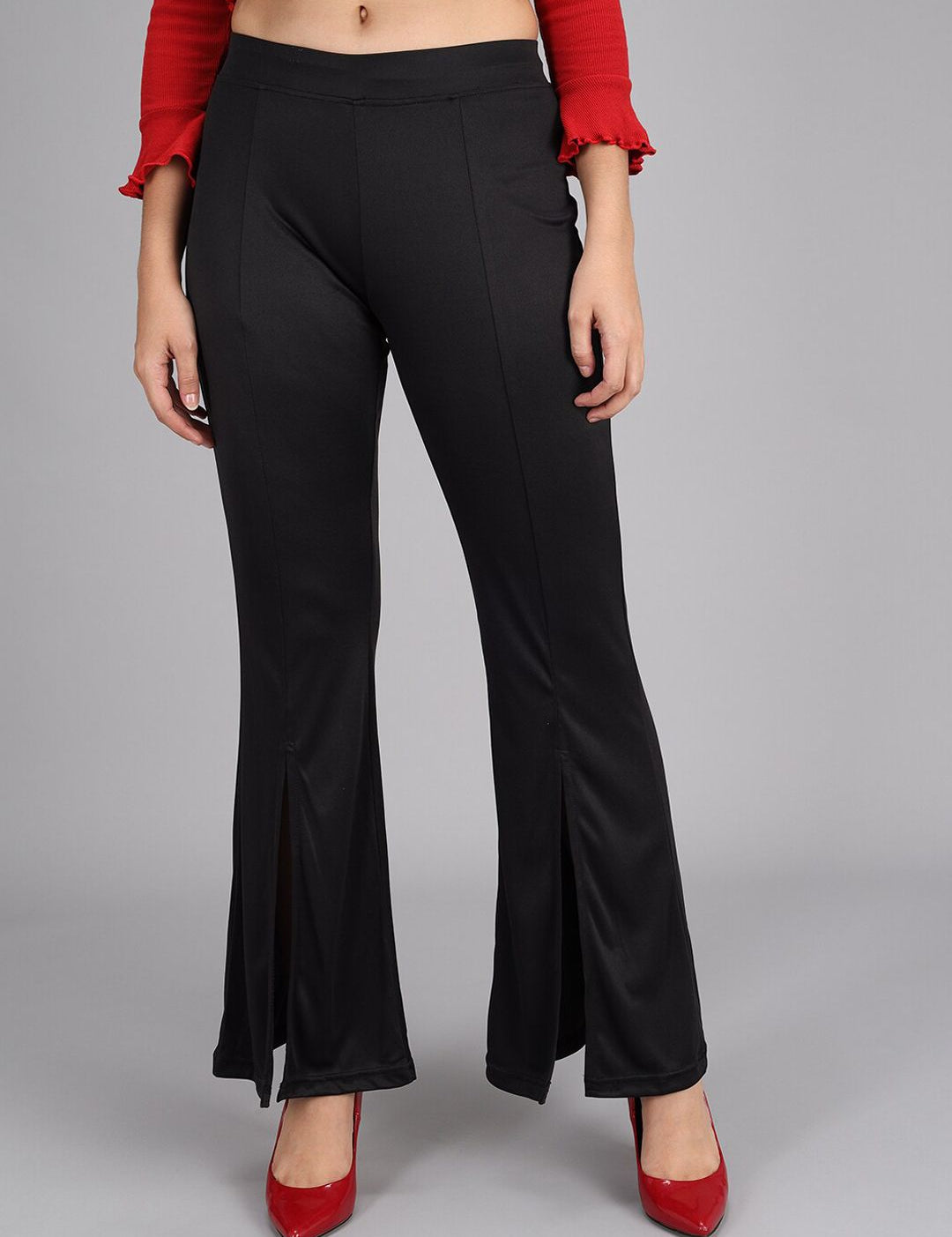 Kotty Women Black Flared High-Rise Bootcut Trousers