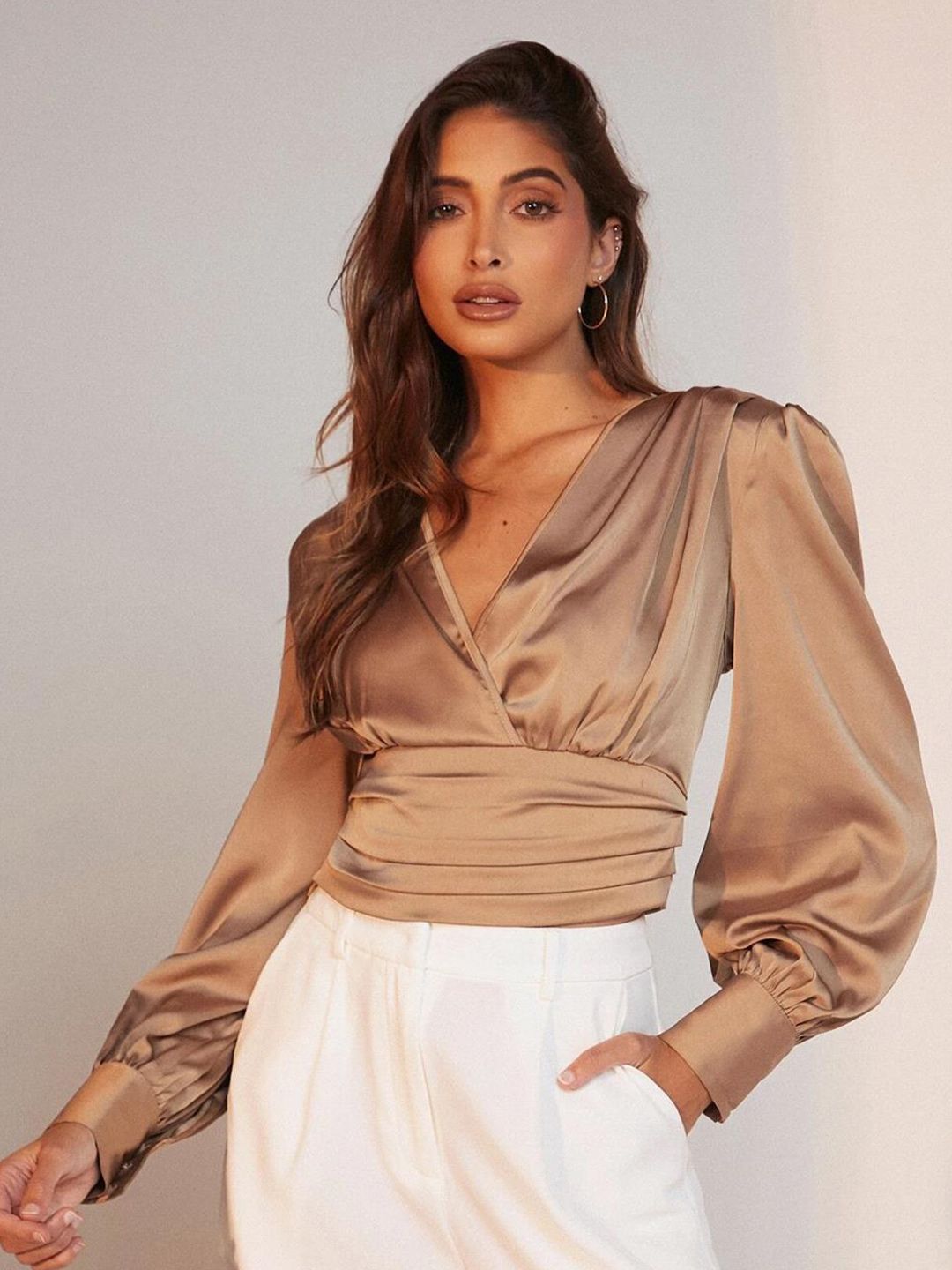 Kotty Brown Cuff Sleeves Satin Top