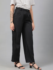 Kotty Women Black Relaxed Straight Leg Fit High-Rise Easy Wash Pleated Parallel Trousers