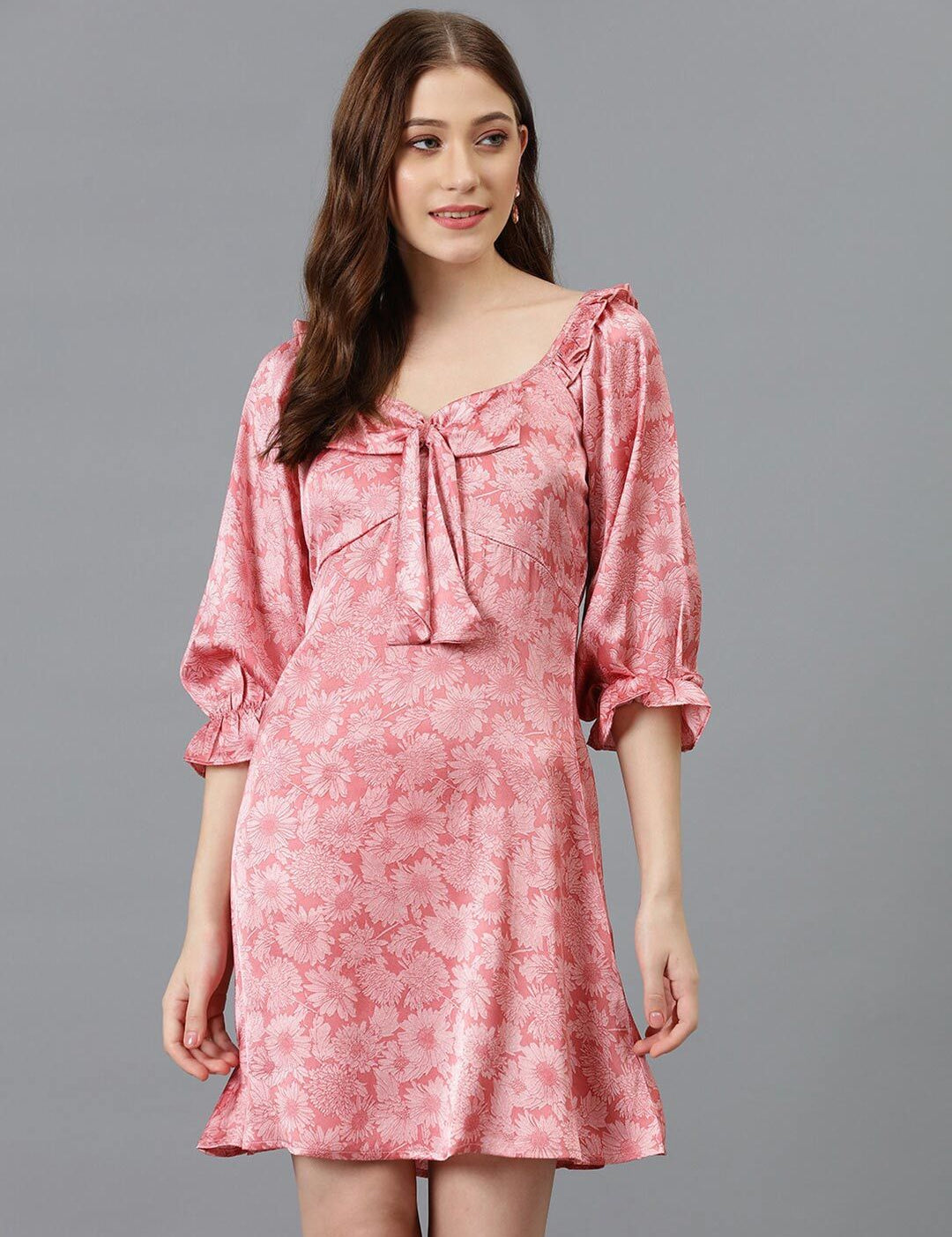 Kotty Pink Floral Printed Sweetheart Neck Bell Sleeves Tie-Ups Satin A-Line Dress