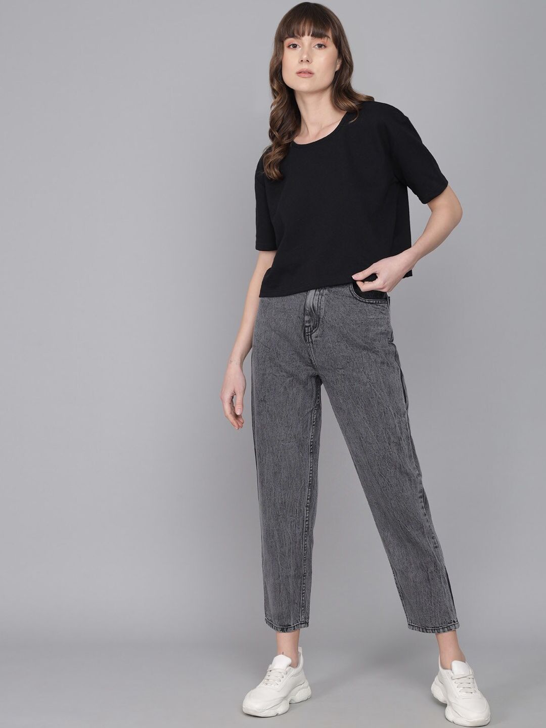 Kotty Women Grey Jean Mom-Fit High-Rise Heavy Fade Pure Cotton Jeans