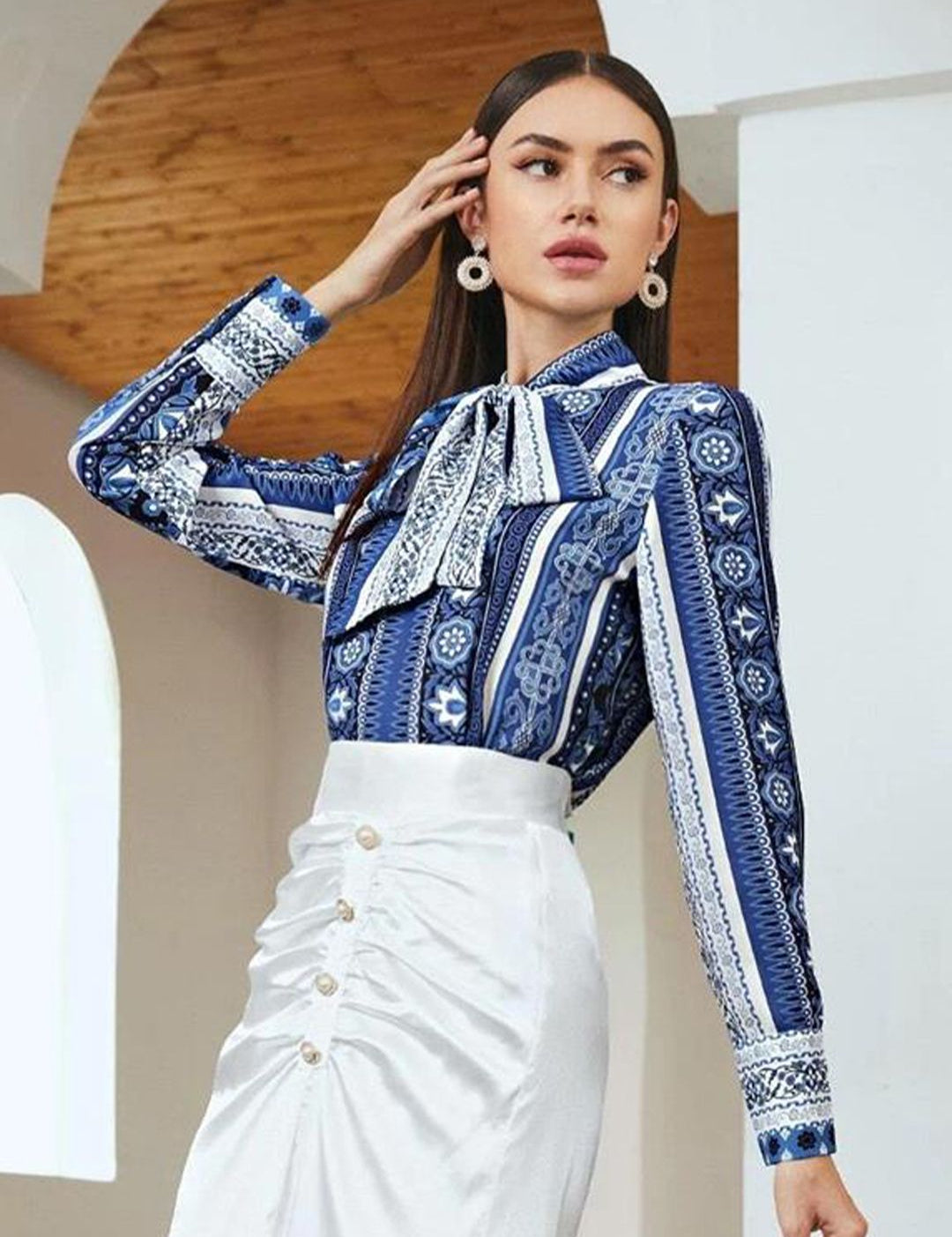 Kotty Ethnic Motifs Printed Tie-Up Neck Satin Shirt Style Top