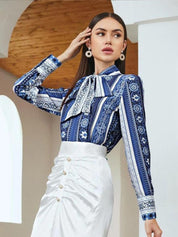 Kotty Ethnic Motifs Printed Tie-Up Neck Satin Shirt Style Top