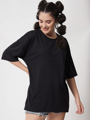 Kotty Women Black Drop-Shoulder Sleeves Applique Oversized  T-shirt